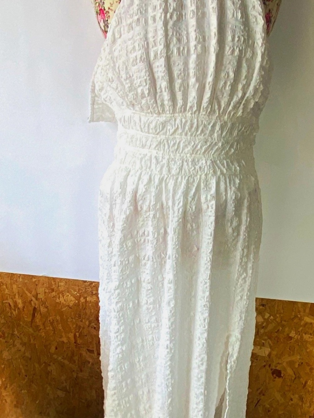 White Textured Maxi Dress with Smocked Waist